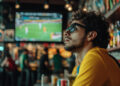 A man in a yellow shirt and sunglasses watches a soccer game on a large TV in a dimly lit sports bar. As he sips his drink, he reads *Demystifying Betting Odds: A Guide to Understanding and Utilizing Betting Odds for Informed Decision-Making*. The lively crowd around him remains focused on the game. | MyBlackChip.com