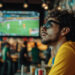 A man in a yellow shirt and sunglasses watches a soccer game on a large TV in a dimly lit sports bar. As he sips his drink, he reads *Demystifying Betting Odds: A Guide to Understanding and Utilizing Betting Odds for Informed Decision-Making*. The lively crowd around him remains focused on the game. | MyBlackChip.com