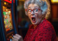 Surprised elderly woman with curly gray hair and red glasses, wearing a red polka-dot blouse, playing a slot machine in a casino, with a shocked expression on her face. The slot machine's screen shows a mix of letters and symbols, debunking the myth of easy wins. | MyBlackChip.com