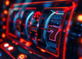 Close-up of a glowing slot machine with vibrant, neon red and blue lights. The machine displays a winning combination with the central reel showing a red number 7, and the other reels showing matching symbols. This image captures the evolution of slot machines in vibrant and energetic detail. | MyBlackChip.com